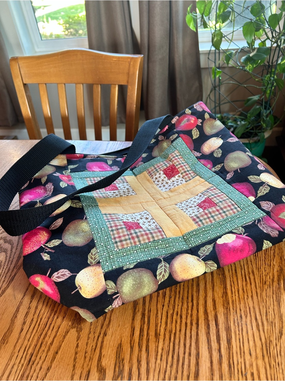 Hand Crafted Black Quilted Tote with Colorful Fruit Print
